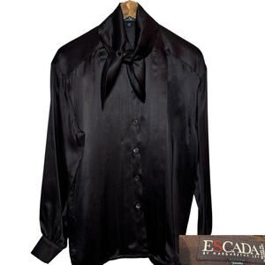 Escada 100% Silk Made in W Germany Vintage 1980's Black Tie Neck Pleated Blouse